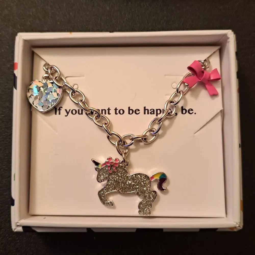 Silver Tone Glitter Unicorn Charm Bracelet w/ Crystal Heart & Bow New + Gift Box
